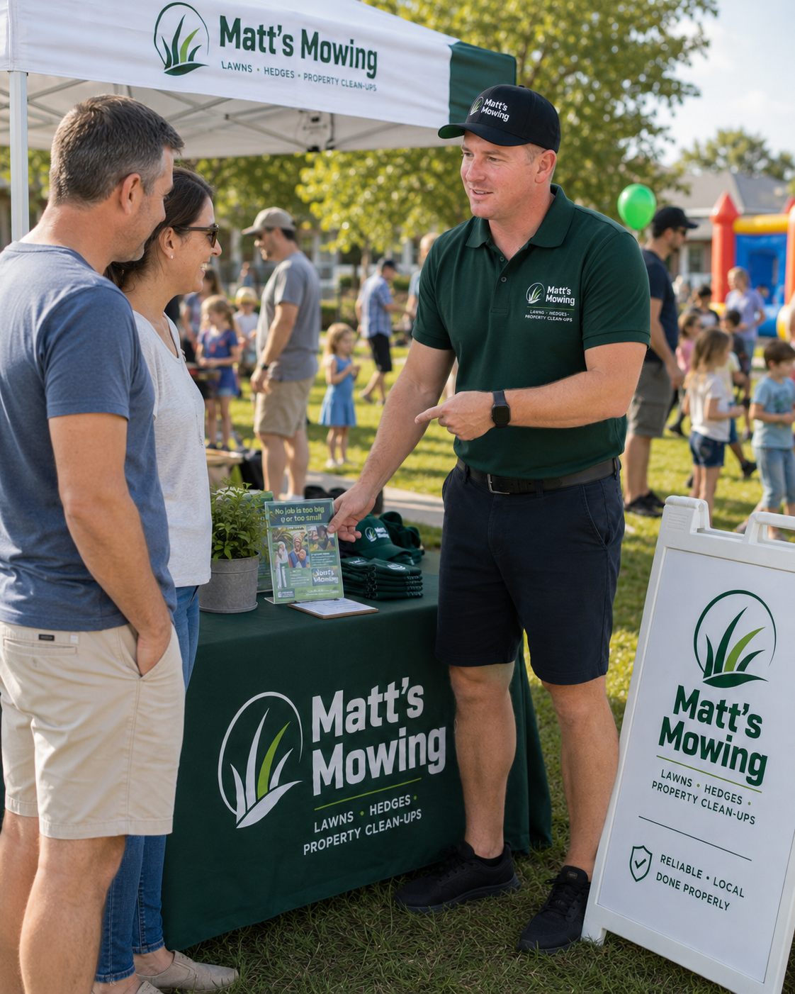 Matt from Matt's Mowing talking with Gold Coast locals at a community event
